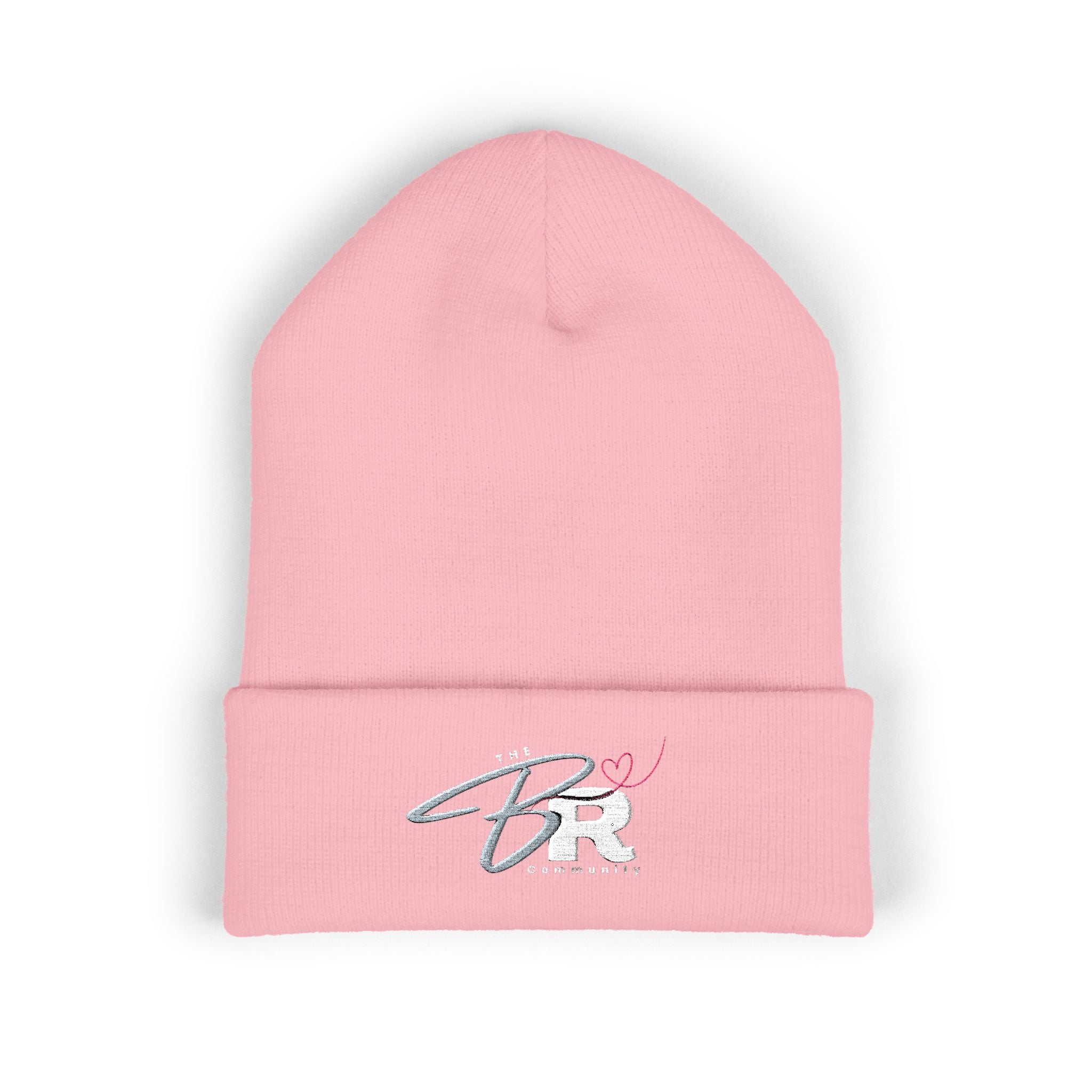 Embroidered BR Signature Cuffed Beanie — Cozy Baby Pink Knit Hat